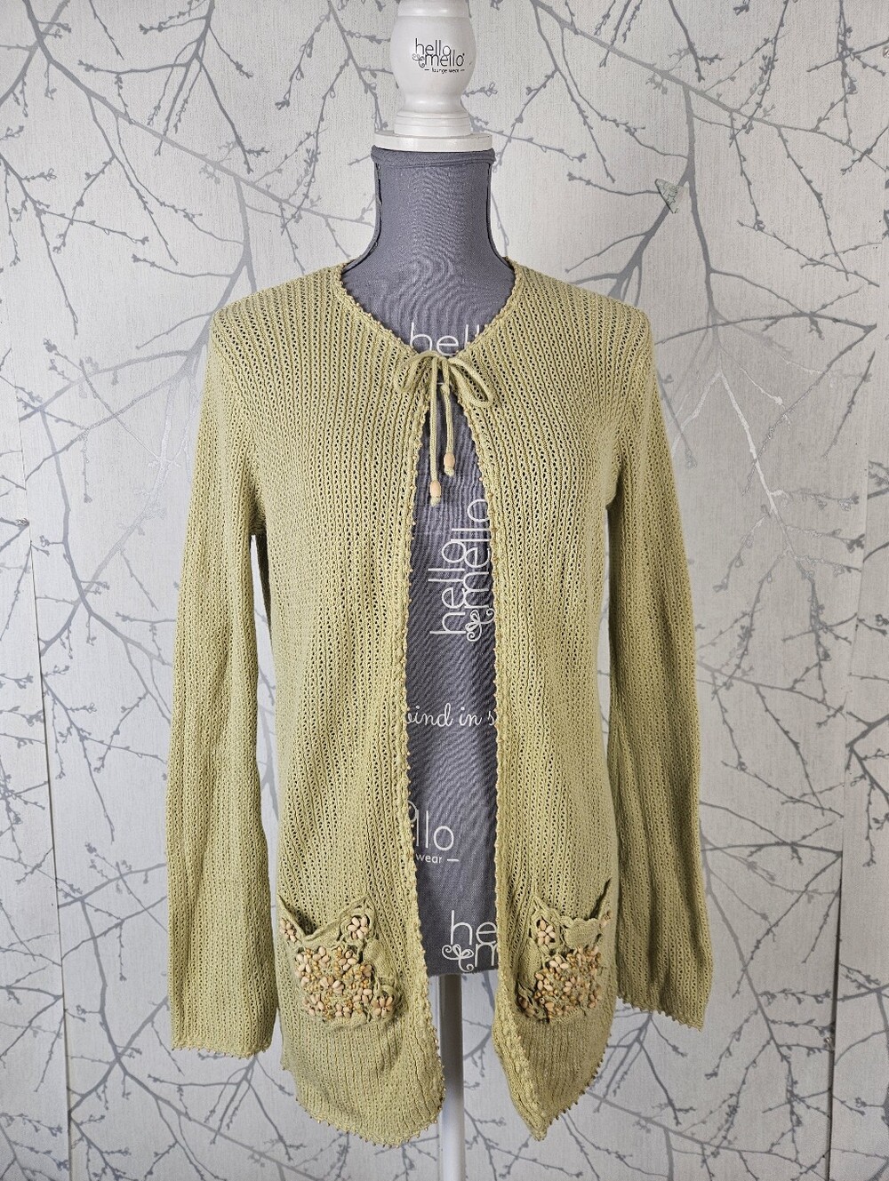 Eight Eight Eight Yellow Cotton Open Knit Beaded Tie Front Cardigan